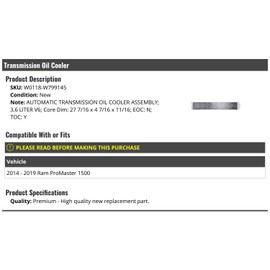 Automatic Transmission Oil Cooler Assembly - Compatible with 2014-2019 Ram ProMaster 1500 3.6L V6