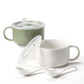 Adewnest Ceramic Soup Bowls with Lids: 38 Ounce Extra Large Soup Mug with Handle & Spoon - Oversized Microwave Ramen Bowl Set of 2, 6 Inch, Green & White