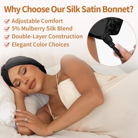 Adjustable Silk Satin Sleep Bonnet with 5% Mulberry Silk – Double Layer Hair Cap for Women & Men, Extra Smooth Night Cap for Curly, Braided, Natural & Straight Hair – Silk Shower Cap (Black)
