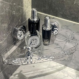 AYWSTC Corner Shower Caddy Suction Cup, Wall Mounted Suction Shower Rack Organizer, No Drilling Shower Shelf, Clear Basket with 4 Movable Hooks, Bathroom Storage Rack (clear, 90°corner)