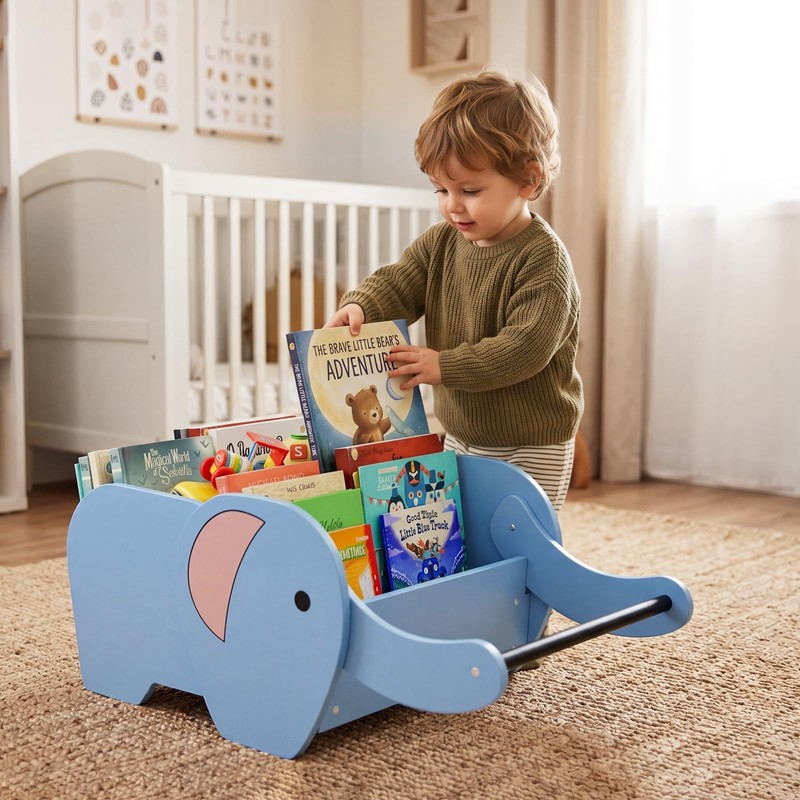 HAVLOTII Montessori Kids Bookshelf, Wooden Elephant Toddler Baby Book Shelf