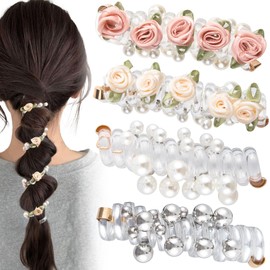 VARMDUKKE 4PCS Rose Bead Spiral Hair Ties, 2 Styles Phone Cord Ponytail Holders for Women, Elegant Rubber Hair Coils, Stylish Hair Accessories for Party, Daily Use