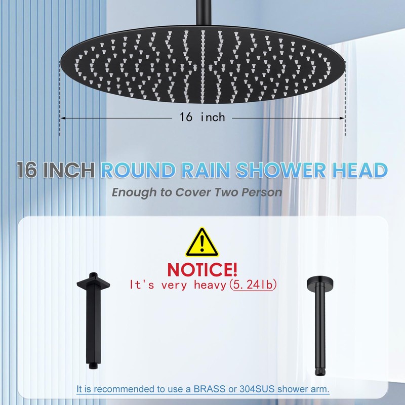KINLIV 16 inch Matte Black Round Ceiling Rainfall Shower Head,