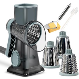 KEOUKE KEOUKE Rotary Cheese Grater with Handle Vegetable Cheese Shredder Slicer Grater for Kitchen 3 Changeable Blades for Cheese Potato Zucchini Nuts Chocolate - GreyBlue