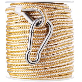 Boat Anchor Rope - 100 ft x 3/8 inch - Double Braided Nylon Anchor Line/Boat Rope with 316SS Thimble and Heavy Duty Marine Grade Snap Hook - White/Gold - Rainier Supply Co
