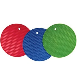 Better Kitchen Products Set Of 3, Large Silicone Pot Holders, Hot Pads, Trivets, 7 Inch, Blue, Lime Green and Red
