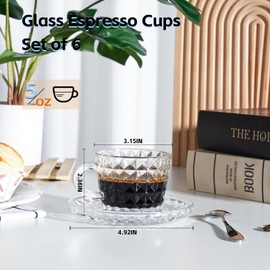 GURUDAR Glass Espresso Shot Cups with Saucers Set of 6, Clear Small Demitasse Cup with Stainless Steel Spoons, Dishwasher Safe Coffee Mugs for Tea Hot Chocolate Cappuccino, 5OZ/150ML, Diamond