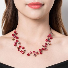 Layered Choker Freshwater Pearl Necklace - Fashion Jewelry Necklace Gifts For Women Mom (15-Red)