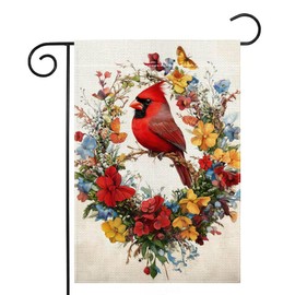 Red Bird Butterfly Flowers Garden Flag 12x18 Inch Double Sided Spring Summer Cardinal Colorful Floral Yard Outdoor Flag House Holiday Outside Decoration Burlap