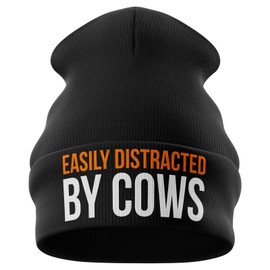 Purple Print House Farming Gifts - Easily Distracted by Cows Funny Beanie Hat - Tractor Gifts Farmers Gifts (Black)