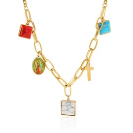 Charm Necklace for Women Chunky Charm Necklace Dainty Heart Pearl Cross Cherry Fruit Butterfly Charms Christian Cross Necklace Christmas Gifts 2024