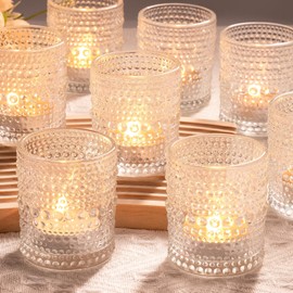 Toptime Votive Candle Holders Set of 12, Clear Glass Candle Holder in Bulk with Dots Pattern, Small Vintage Tea Light Holders Crystal Candle Holder Set for Wedding Decor, Birthday Party, Chirstmas