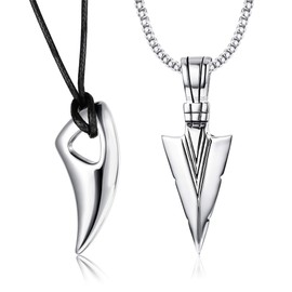 Jstyle 2Pcs Stainless Steel Pendant Necklace for Mens Spearpoint Arrowhead Wolf Teeth Pendant Chain Necklace Set Silver-tone