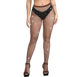 DUCMODA Women's Sparkly Fishnet Stockings Rhinestone High Waist Tights Glitter Party Concert Pantyhose-Brown