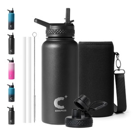 32 oz Water Bottle Insulated, Coolplus Stainless Steel Water Flask With Straw Metal Double-Walled Vacuum With Carry Sleeve Leakproof, Keep Cold 48 Hrs Hot 24hrs, Black