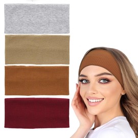 4-Pack Non-Slip Headbands for Women - Sweat Absorbent Yoga Headbands, Stretchy Cotton Blend Workout Band for Running, Gym, Sports (Red/Brown/Gray/Khaki Stripes)