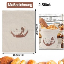 Linen Bread Bags with Drawstring, Pack of 2 - 39 × 29.5 cm, for Keeping Fresh All Types of Bread and Pastries