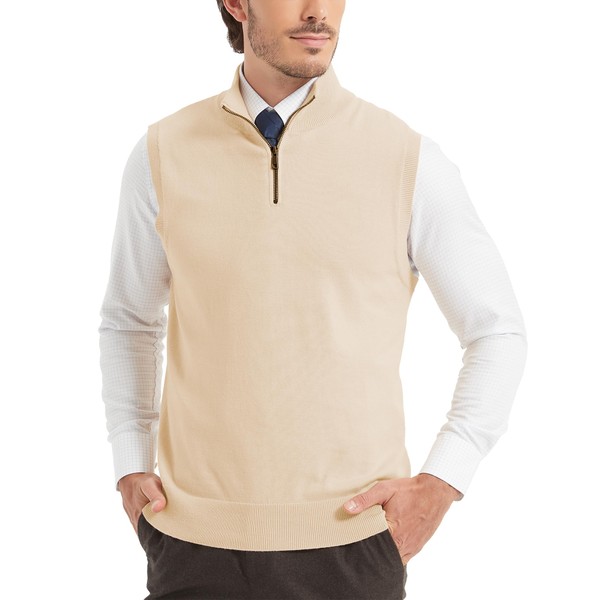 Kallspin Men’s Pure Cotton Quarter Zipper Sweater Vest V-Neck Lightweight