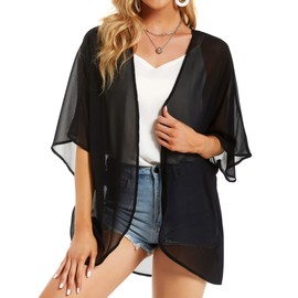 Women's Kimono Cardigan Summer Beach Cover Ups Solid Color Short Sleeve Hawaiian Shirts Casual Chiffon Sheer Blouse Top(Black, 3XL)