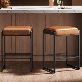 VASAGLE EKHO Collection - Bar Stools Set of 2, Counter Height Bar Stools, Synthetic Leather with Stitching, Mid-Century Modern Counter Stools, 26-Inch Tall, Kichen Home Bar Dining Room, Cream White