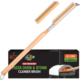 SCRUBIT 26" Pizza Oven Brush with Scraper, Heat Resistant - Stainless-Steel 2-in-1 Pizza Stone Brush with Pizza Stone Cleaner, Includes 2 Brush Heads and 30 Waste Bags - Works with Ooni Pizza Oven