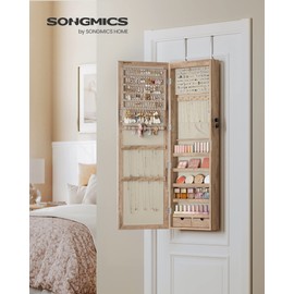 SONGMICS 6 LEDs Mirror Jewelry Cabinet, 47.2-Inch Tall Lockable Wall or Door Mounted Jewelry Armoire Organizer with Mirror, 2 Drawers, 3.9 x 14.6 x 47.2 Inches, Toasted Oak Color UJJC093N01