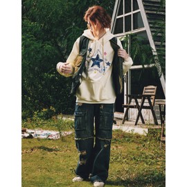 Aelfric Eden Womens Oversized Hoodies Star Graphic Fleece Hooded Streetwear Unisex Sweatshirts Pullover with Pocket Apricot