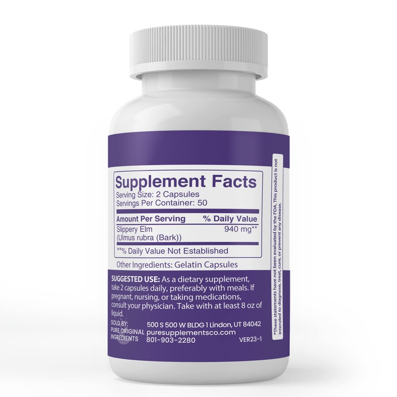 PURE ORIGINAL INGREDIENTS Slippery Elm, (100 Capsules) Always Pure, No