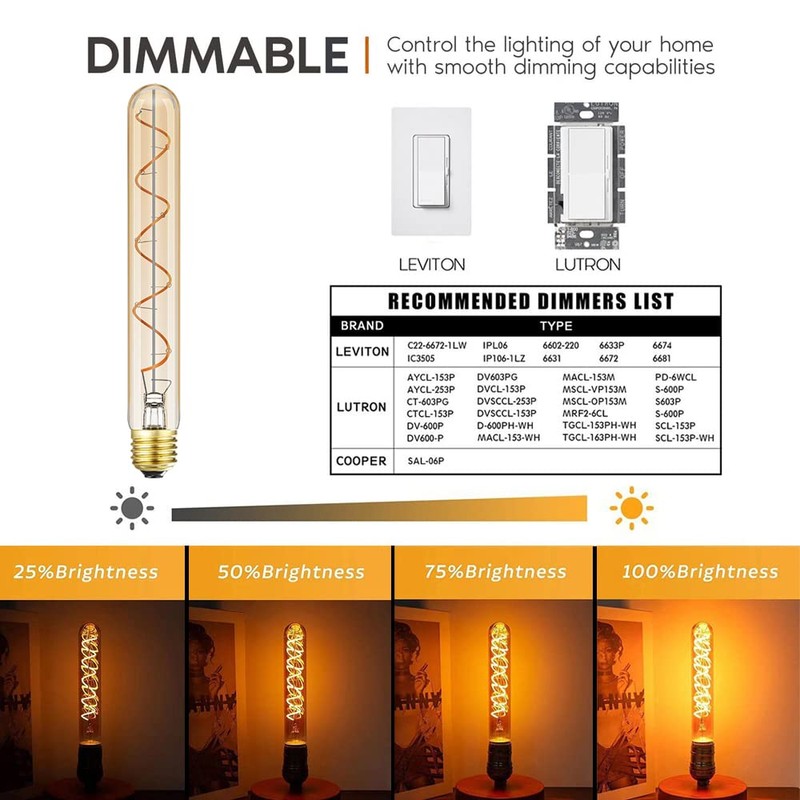 Leools Vintage LED Spiral Filament Bulb T10, 8.9inch Long Tubular