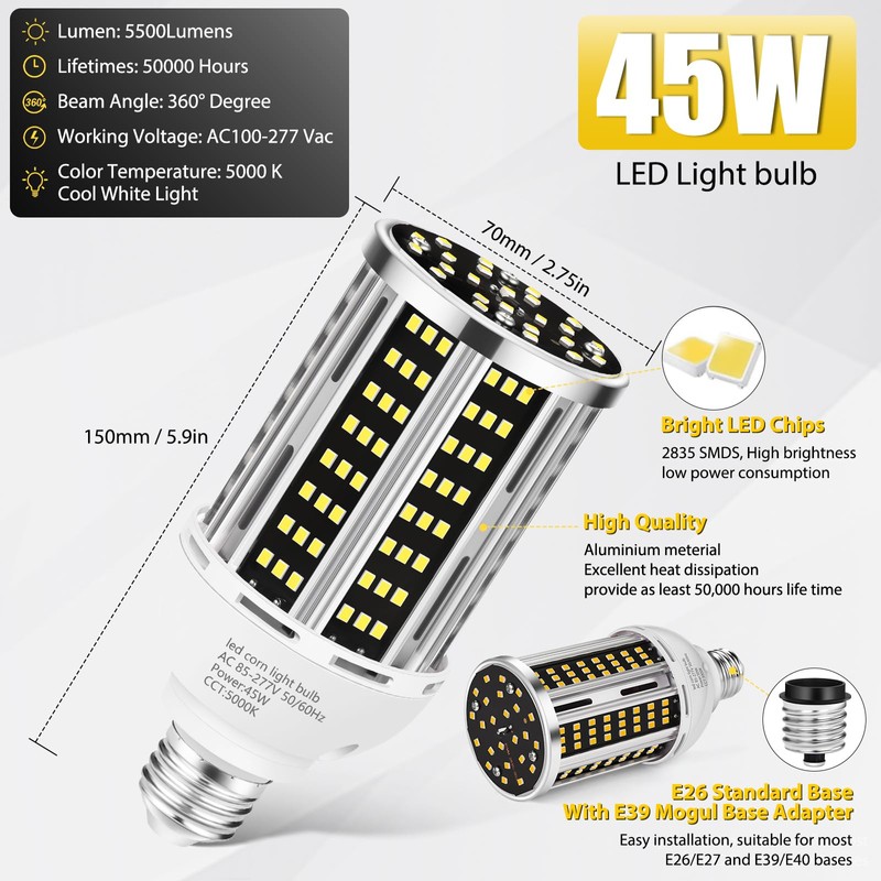 45W 6 pack LED Corn Light Bulb,400W Equivalent 5000K Commercial