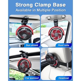 DICMKY Car Clip on Fan for Sun Visor Handle, 2000Mah Rechargeable Battery Powered Usb Fans That Blow Cold Air, Portable Car Cooling Fan for Cars without Ac, for Vehicle, Van, Suv, Rv, Truck, Red