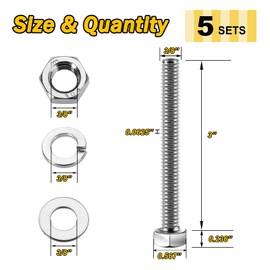 Mywish (5 Sets) 3/8-16x3 Hex Head Nuts and Bolts with Flat & Lock Washers, 304 Stainless Steel Bolts and Nuts Kit 18-8, Fully Threaded, 3/8 Bolt, 3/8