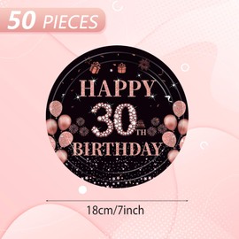 50 piezas de decoraciones de feliz 30 cumpleaños, platos de 30 cumpleaños de 7 pulgadas, juego de vajilla de fiesta de 1995, platos de papel negro y oro rosa para mujeres sucias de 30 años