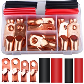 32Pcs Battery Cable Lugs 1/0 AWG 2/0 AWG Copper Lugs 0 Gauge 00 Gauge Heavy Duty Wire lugs Ring Terminal Connectors with 3/8" and 5/16" Stud Battery Cable Ends with 3:1 Heat Shrink Tube