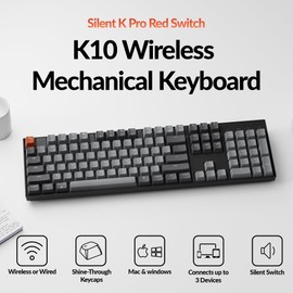 Keychron K10 Full Size 104 Keys Bluetooth Wireless Mechanical Gaming Keyboard for Mac Windows with Keychron Silent K Pro Red Switch, Multitasking/White LED Backlight/USB C Wired Computer Keyboard