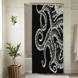 Pakena Cool Octopus Small Stall Shower Curtain 36x72 Inch Nautical Bath Curtain Set Half Narrow Ocean Kraken Monster Bathtub Decor Coastal Sea Animal Modern Goth Black Galaxy Kids Bathroom Decor