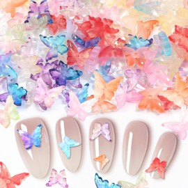 ASDIIT 100Pcs Gradient 3D Butterfly Nail Charms, Cute Acrylic Nail Supplies Decorations, Ice Translucent Charms for Nails Decorations Summer Nails Crystals for Women