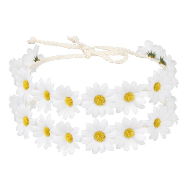 WOVOWOVO 2 Packs Daisy Flower Crown Headbands For Women Baby Girl, Sunflower Hippie Hair Accessories Fall Floral Crowns Hair Bands Handmade Bridal Headpiece Photo Props Party Vacation (White)