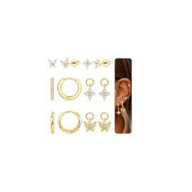 FIOROYLA Sterling Silver Post Gold Earrings Set for Women - 14K Gold Cartilage Earring Hypoallergenic Small CZ Flower Huggie Hoop Earrings Dangle Earrings SFLO