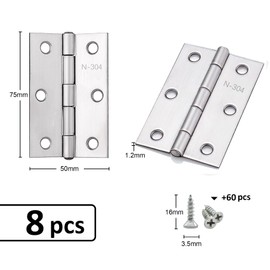 Anstore Pack of 8 Door Hinges, Foldable, 75 x 50 x 1.2 mm, Stainless Steel Hinge Piano Hinge Hinges, Small Hinge Tape, Door Hinge for Doors, Windows, Cabinets with 60 Screws