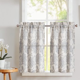 TOPICK Net Curtain, Linen Curtain, Floral Printed Bistro Curtain, Semi-Transparent Curtain, Window Curtain for Kitchen, Living Room, Country House, Set of 2, 65 W x 60 H (cm) Grey on Beige
