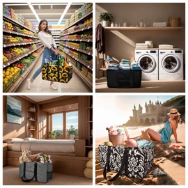 NGIL Extra Large Utility Tote Reusable Grocery Bag Oversized Collapsible for Groceries, Storage, Picnic, Beach (Floral Cow-Black)