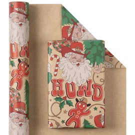 RUSPEPA Kraft Christmas Wrapping Paper Roll, Mini Roll, Western Cowboy Santa Design with Howdy, Horseshoe, Cactus & Candy Canes, Kraft Gift Wrap for Kids, Family, Xmas Holiday, 17 Inches x 16.4 Feet