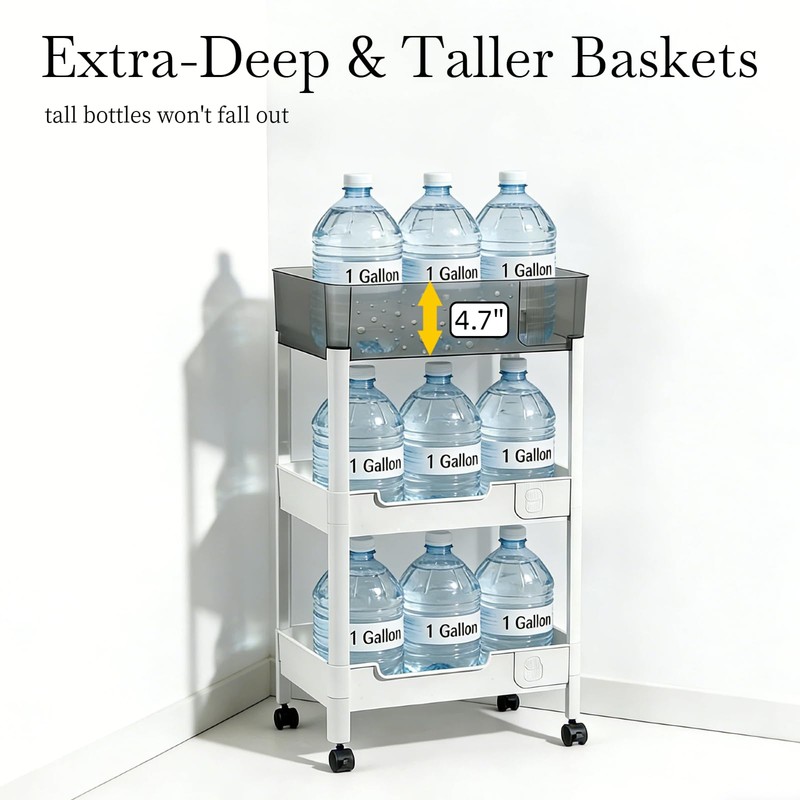 LiWNYRK 3 Tier Rolling Cart with Wheels 4.7'' Deep Baskets