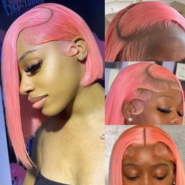 GIRLOFDREAMS Pink Color 13x6 Bob Lace Front Wig Human Hair Straight Transparent Lace Frontal Wigs Pre Plucked with Baby Hair Brazilian Remy 180 Density Pre Plucked Short Colored Wigs for Black Women