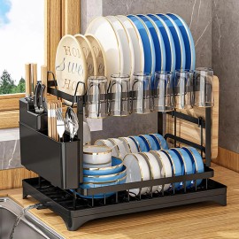 Double-layer Detachable Dish Drying Rack with Utensil and Cutting Board Holders for Kitchen Utensil Storage Rackcolor: Black-1
