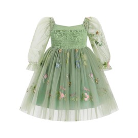 ODASDO Sage Green Flower Girl Dress, Toddler Floral Embroidery Fairy Tulle Tutu Princess Dress Baby Kids Sqaure Neck Mesh Long Sleeve Smocked Ruffle Dress for Wedding Birthday Party Sage Green 5-6Y