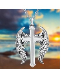 Fashion Jewelry CROSS ANGEL WING URN ASHES CREMATION Pendant DIAMOND Cut 925 Silver 24" Chain
