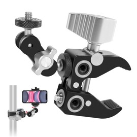 Edithown Super Clip Camera Clamp, with 360 Degree Dual Ball Head Arm, 1/4“-20 and 3/8”-16 Threaded Crab Clamp for Monitor/Camera/Microphone/Cell Phone/Fill Lights