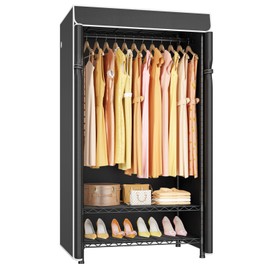 ULIFHOME H5C Clothes Rack with Cover, Portable Closet for Hanging Clothes, Covered Clothing Racks Heavy Duty, Garment Racks with Shelves, Max Load 360LBS, Black Closet Rack with Black Cover